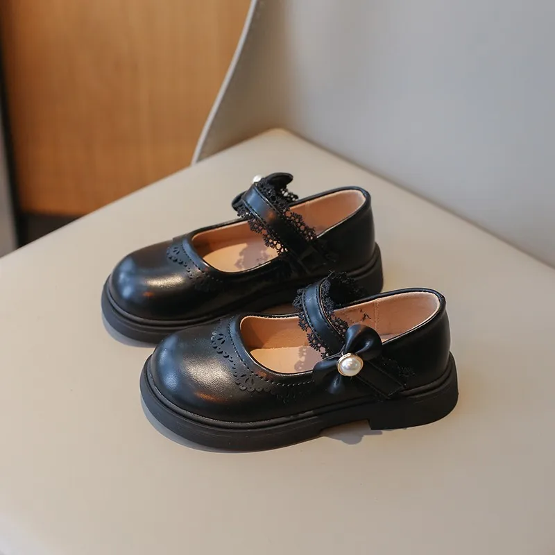 

Girls' PU Leather New Children's Princess Shoes Spring Autumn Solid Color Bow Pearl Soft Sole School Student Loafer Black