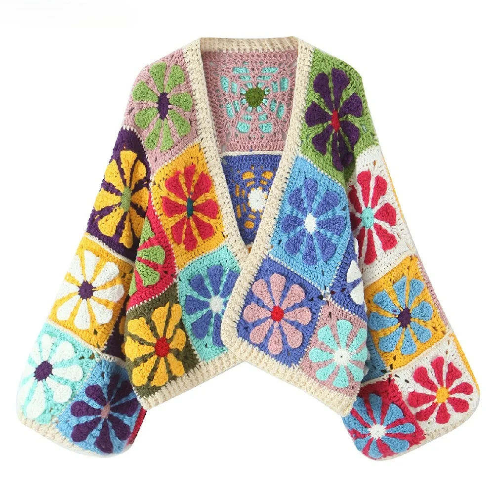 

2025 Autumn Floral Plaid Hand Mand Crochet Cardigan Ethnic Woman No Button Front Full Sleeve Sweater Short Knitwear Jumper