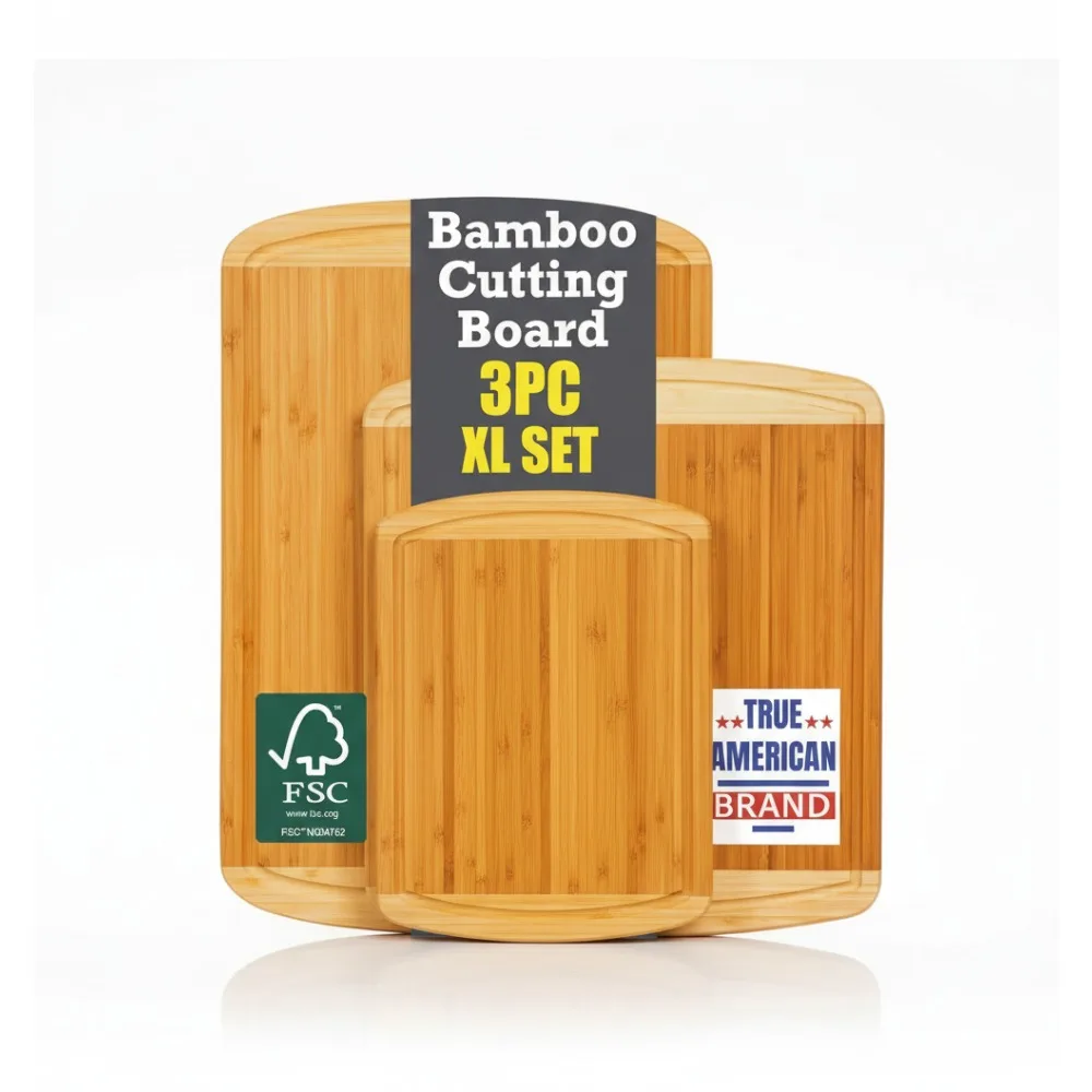 

Набор из 3-х разделочных досок из органического бамбука с канавками для сока — очень большие разделочные доски по дереву для приготовления и сервировки на кухне