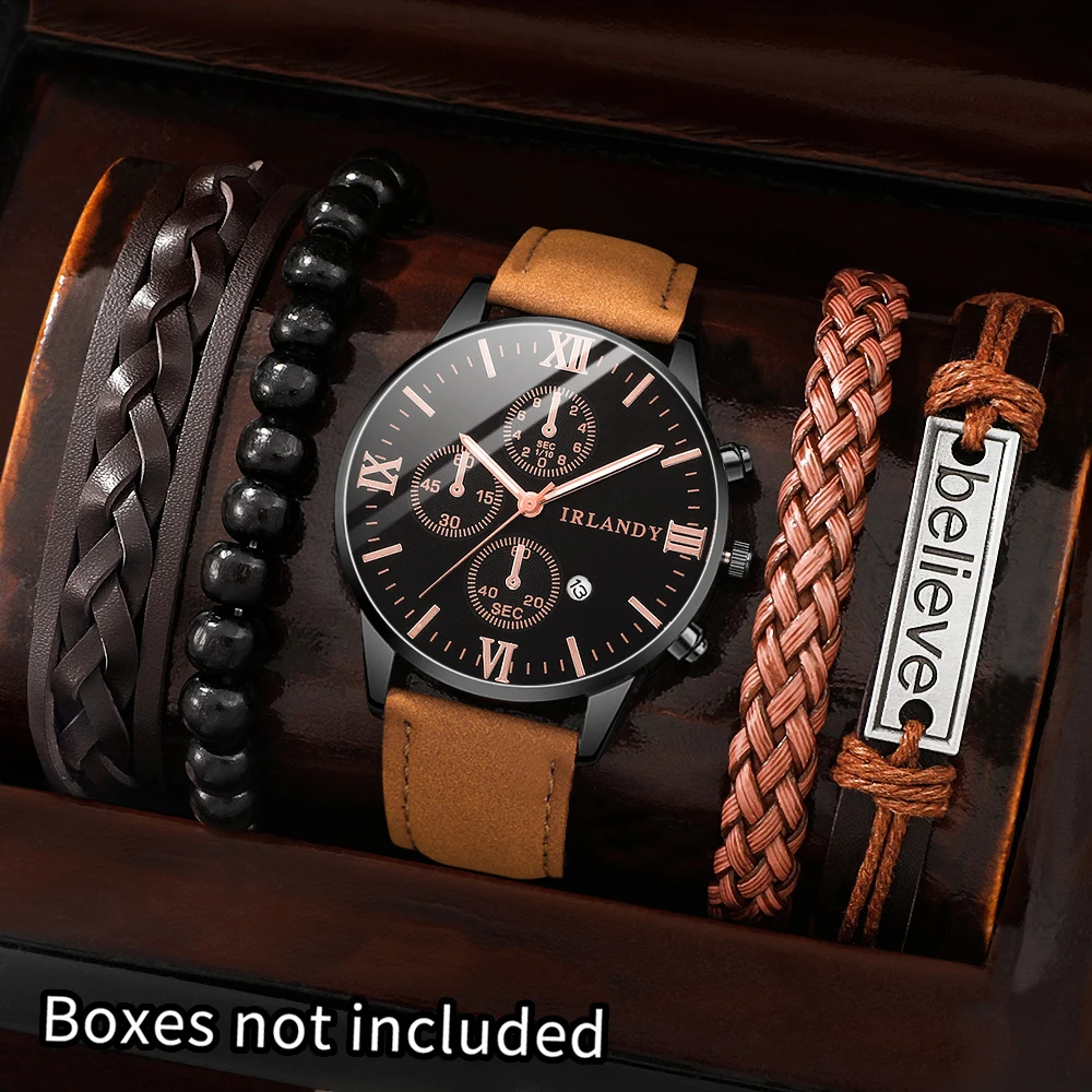 5PCS Handsome and Fashionable Men's Watch Fashion Leather Strap Simulated Quartz Watch with Braided Bracelet Jewelry Set