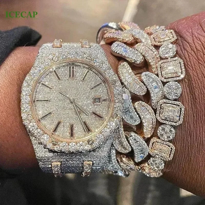 Men Luxury Watch Full VVS Moissanite Stainless Steel Watch Iced Out Hip Hop Diamond Fashion Watch