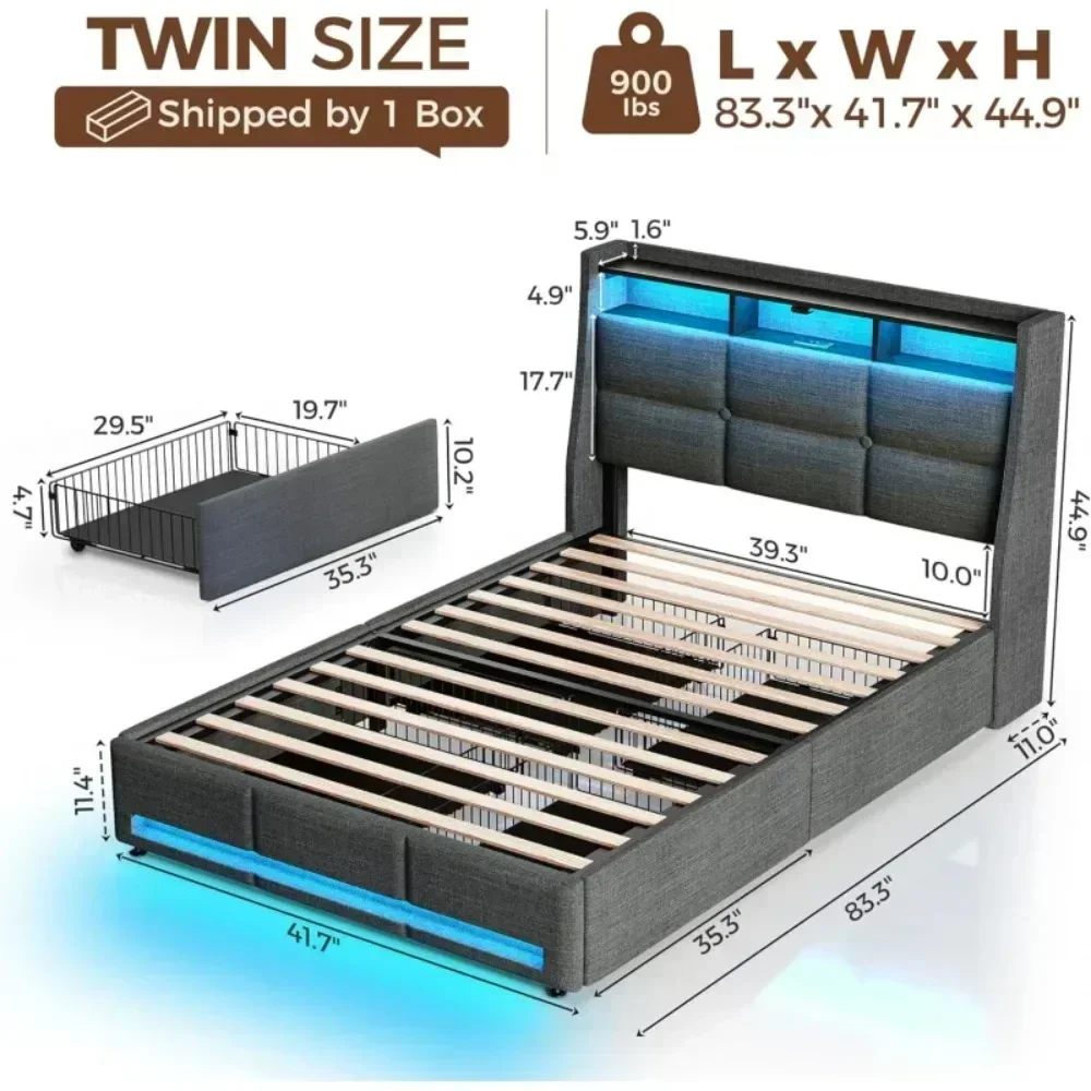 Twin Size Frame with LED Lights and Charging Station, Upholstered Bed Storage Headboard &Amp; Drawers, Twin Bed