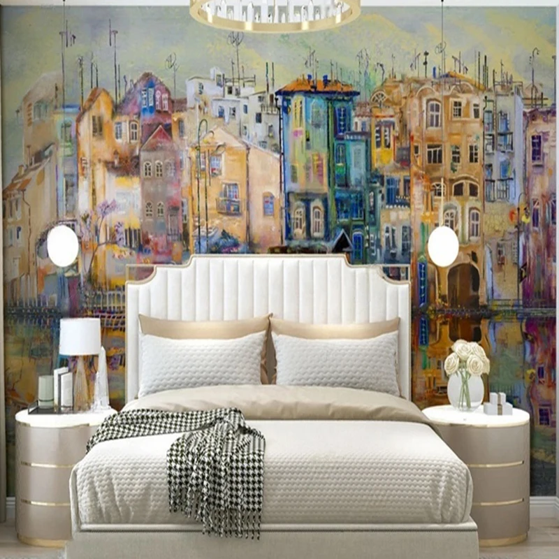 Custom Printed Wall Murals - Abstract Hand Painted Oil Painting Road Building Pattern Wallpaper for Living Room Bedroom Office