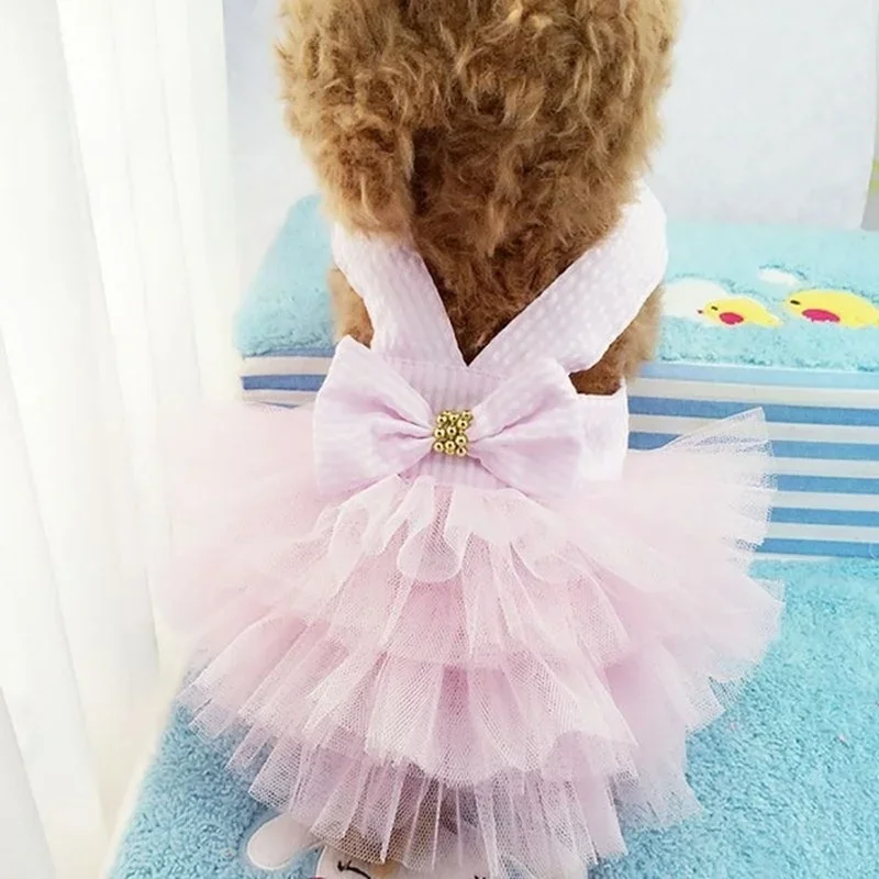 Spring Pet Summer Bowknot Pet Costume Dress Pet Dog Striped Cat Dog Puppy Wedding Princess Skirt Dog Clothes