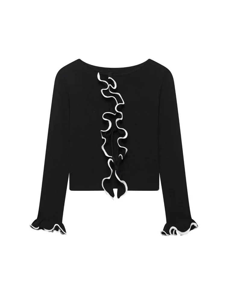 レディース フロントボウタイ シック アウターウェア ファッション ラッフル クロップド ニット カーディガン セーター 長袖トップ