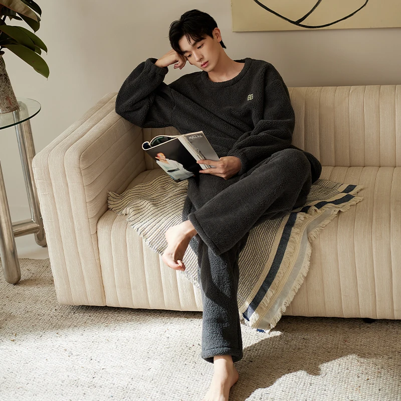 Keep Warm Pajamas Suits Men Winter Flannel Long-sleeve Thickening Plus Velvet Coral Fleece Autumn And Winter Home Service XXXL