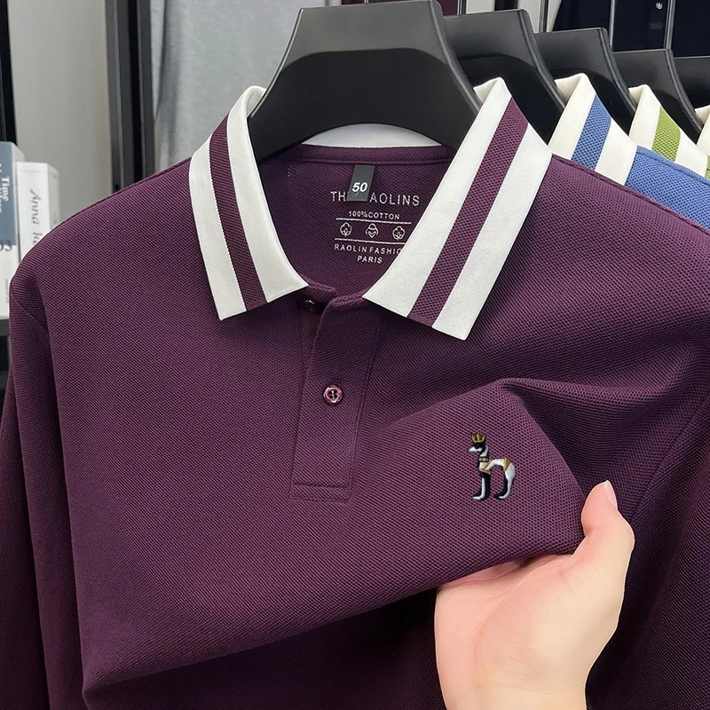 High-End 100%cotton Man Long-Sleeved Polo Shirt Lapel Button Dog Embroidery British Style Tops Autumn Winter New Men's Clothing