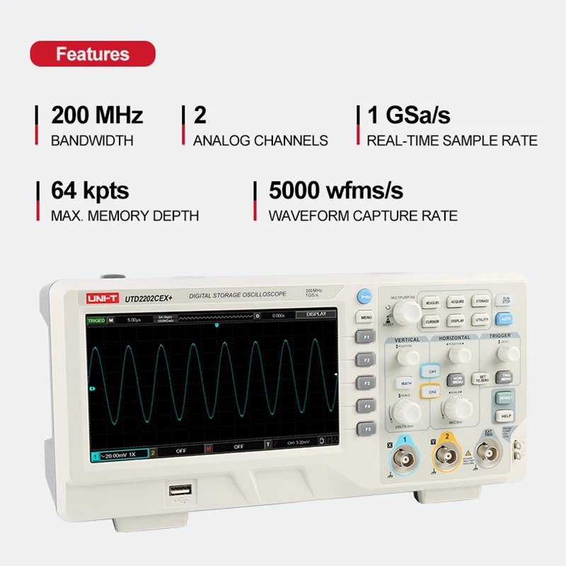 UNI-T Digital Oscilloscope UTD2202CEX+ 200 MHz USB Oscilloscope 2 Channels 1GS/s Sampling Rate Osiloscope 7 Inch Color Display