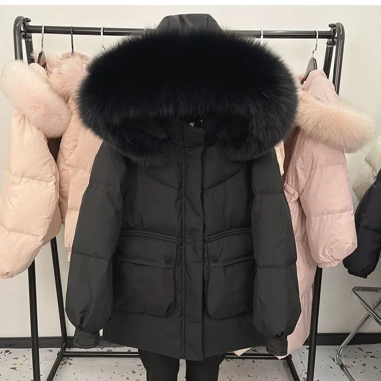 Zimowa nowa damska kurtka puchowa, luźna parka z kapturem
