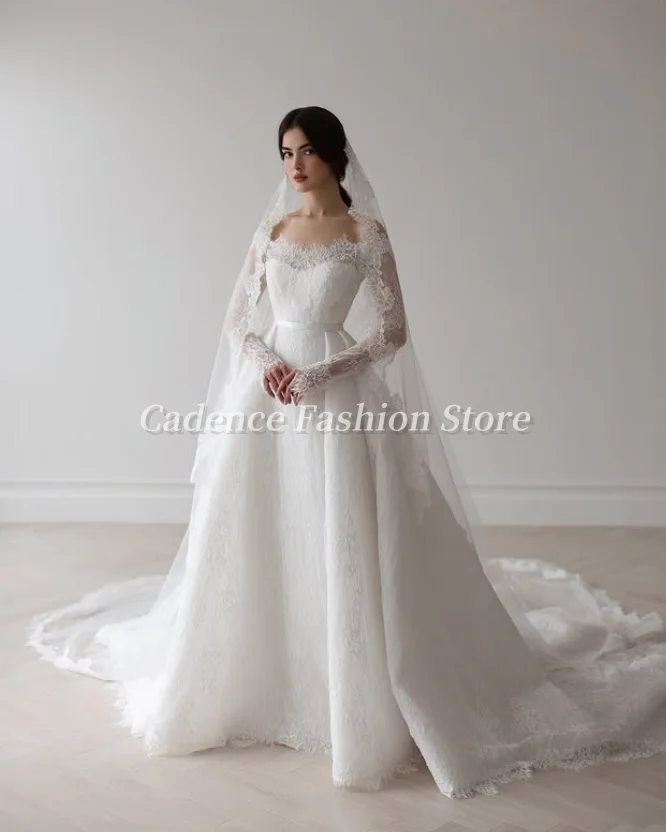 Customized  Elegant White Women's Strapless Lace Long Sleeve Wedding Dresses Lace Applique A-Line Fashion Bridal Gowns