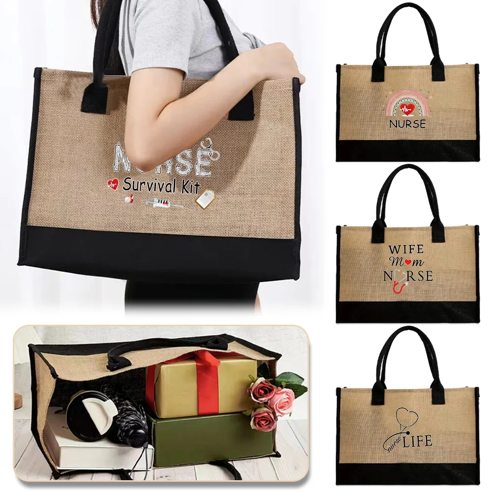 

Vintage Tote Bag Eco Jute Shopping Bag Nurse Series Reusable Portable Shoulder Handbag for Travel Grocery Fashion