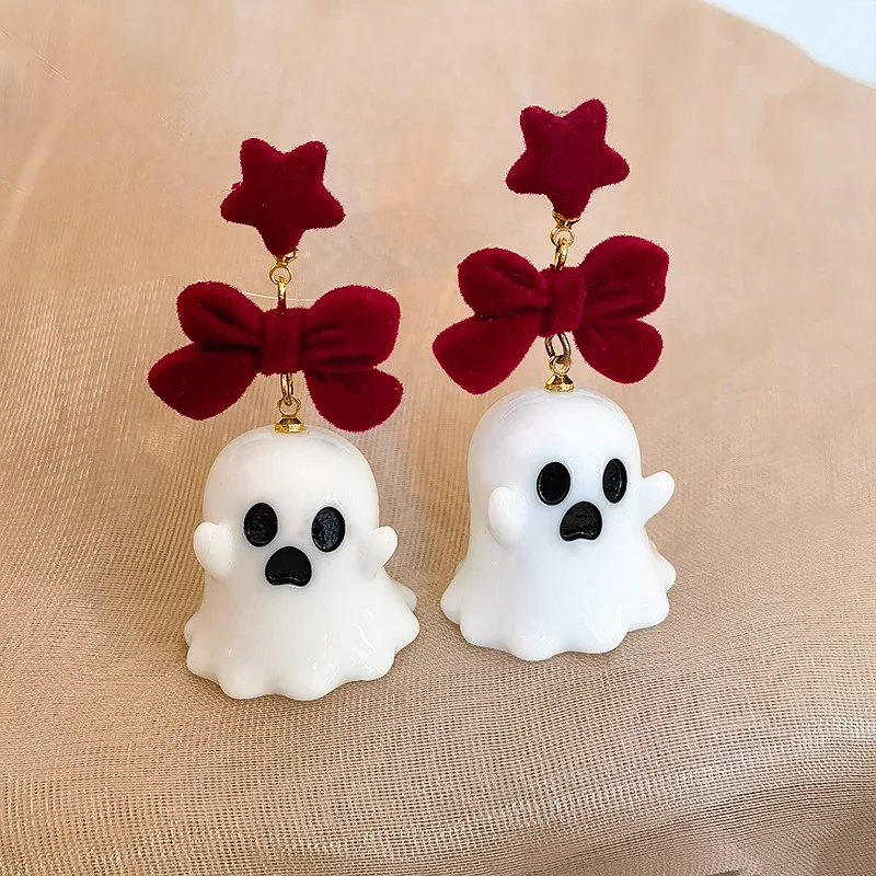 Neue Niedliche Halloween-Geister-Ohrringe aus Harz für Frauen Cartoon-Mode Geometrischer Roter Stern Ball-Ohrstecker Festtags-Party-Schmuck Geschenk – Detail 2
