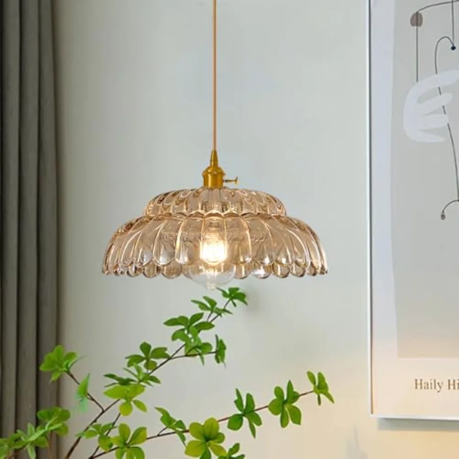 

Pendant Light with Amber Striped Glass Lmapshade, Brass Vintage Pendant Light Adjustable Hanging Light for Kitchen Island Dinin