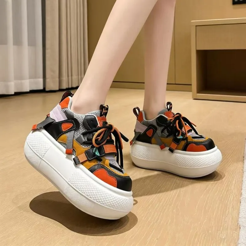 Ladies Multi-color Patchwork Chunky Platform Sneakers Double Laces Elevated Big Toe Fashion Street Style Trainers