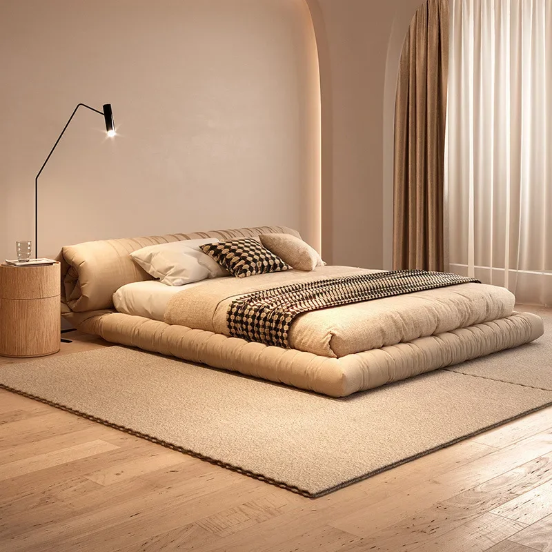 Designer wabi sabi fabric bed Nordic light luxury bedroom Modern simple master bedroom Double Japanese floor roll bed