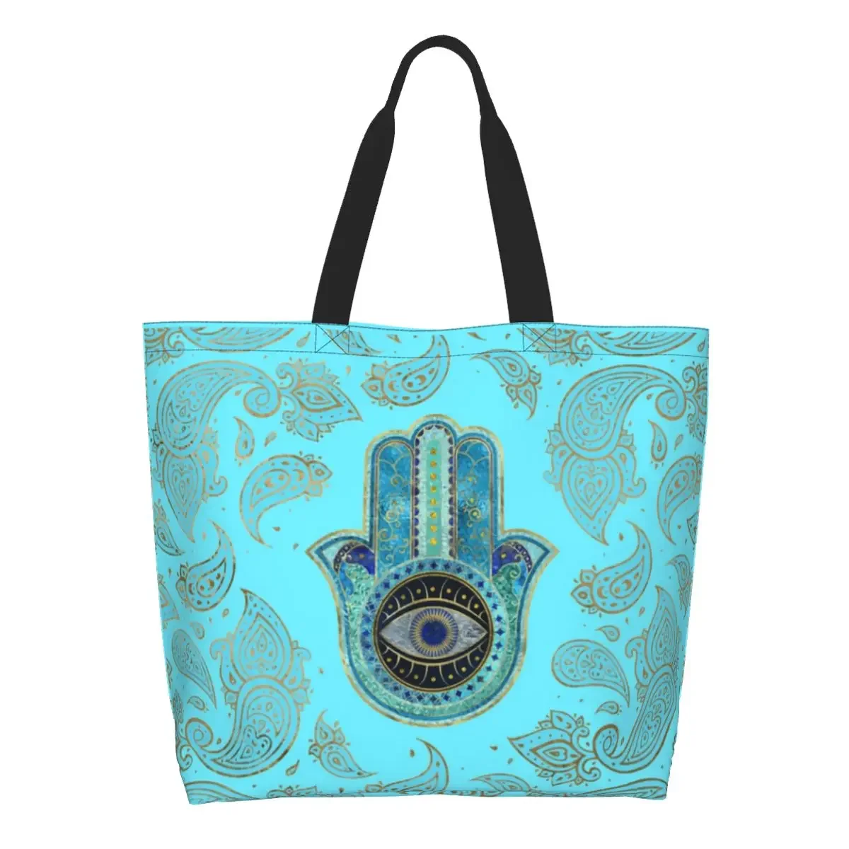 Reusable Hand Of Fatima With Paisley Shopping Bag Women Canvas Shoulder Tote Bag Washable Hamsa Amulet Groceries Shopper Bags