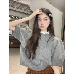2024 Summer New Korean Style Lace Mock Neck Knitted Chic Women's Niche Puff Short Sleeve Versatile Ins Pullover Top