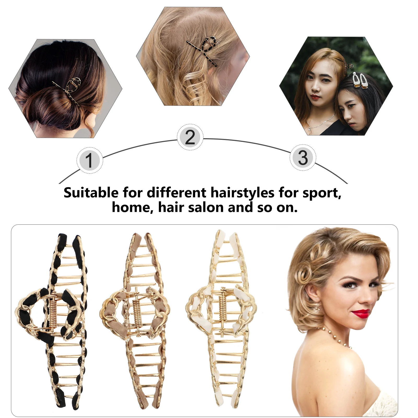 

3pcs Vintage Clips Large Metal Snap Durable Ponytail Holder For Thick Curly Hair Claw Clips Women Lady Shower Yoga Sport