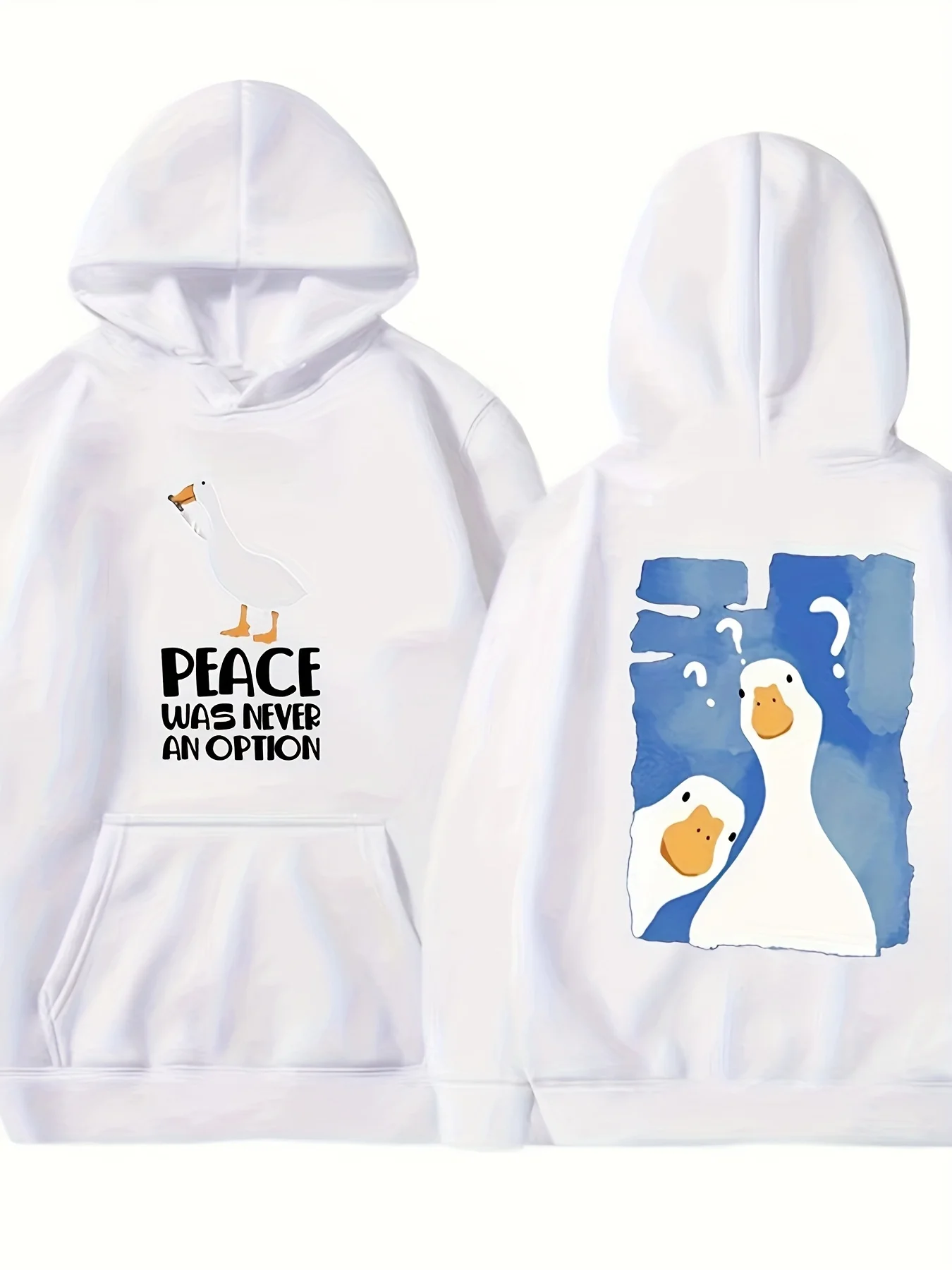 Funny Expression White Goose Printed Men's Hooded Sweatshirt-Fun and Cute,Unique Street Hip-Hop Trend,Soft and Loose HoodedShirt