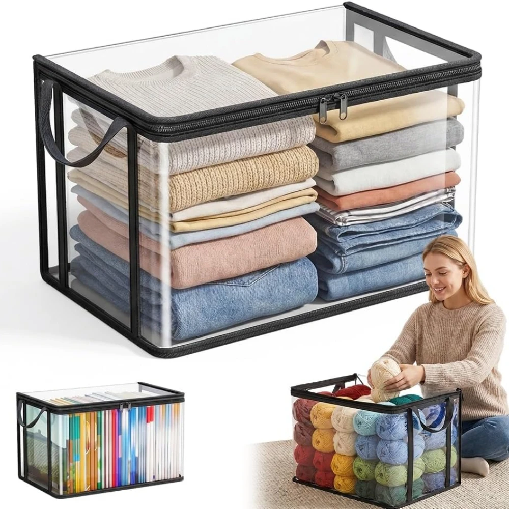 2pcs Foldable Clothes Storage Bags Plastic Clear Toys Storage Bag with Hinged Lid Moving Box Storage for Clothes Packing, Books