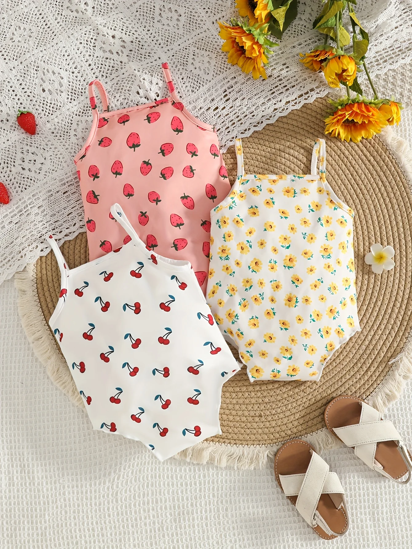 Baby Girls Cute Camisole 3PCS Set All Season Strawberry Cherry Chrysanthemum Print Comfortable Toddler Sling Outfit view 2
