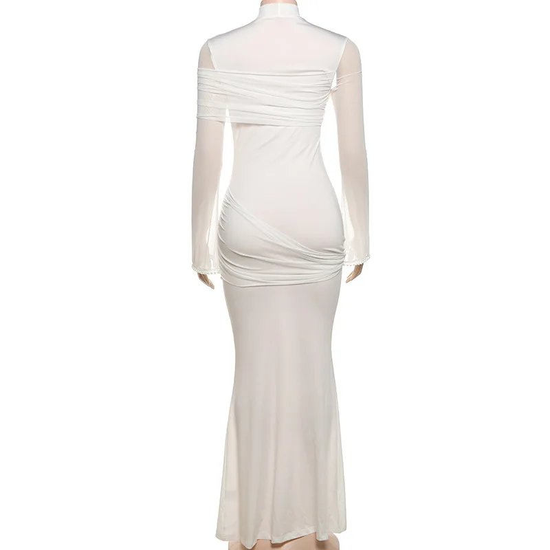 Femmes élégantes maille transparente Patchwork froncé moulante Maxi Robe de soirée col rond perles manches évasées sirène Robe de soirée longue Robe