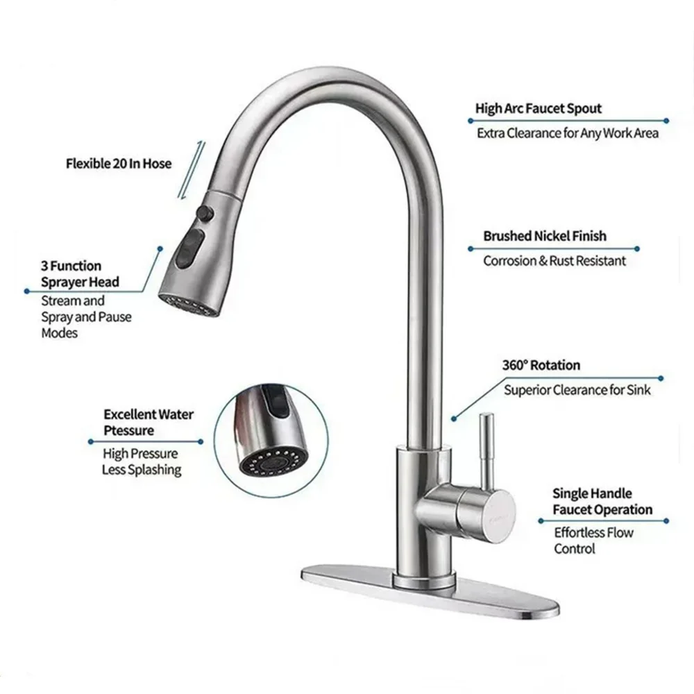 Kitchen Faucet Pull-out Hot and Cold 304 Stainless Steel Washbasin Universal Kitchen Sink Mixer Tap 360 Rotation Kitchen Faucet