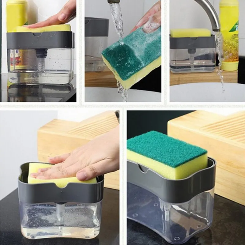 Soap and Kitchen Dispenser Kitchen Accessories Portable Detergent Press Box with Sponge Automatic Liquid Tools Water Bottle