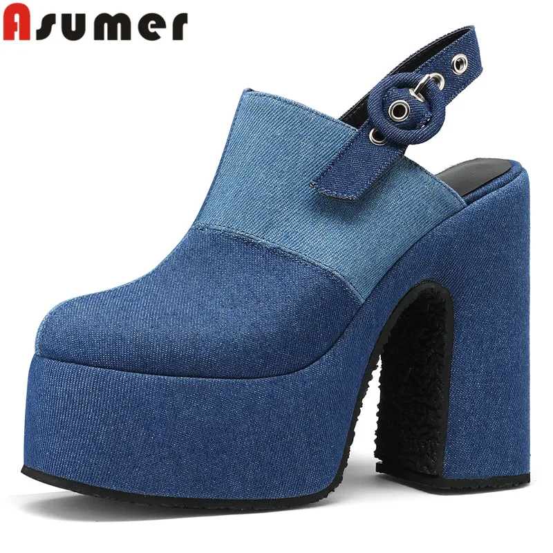 

ASUMER 2023 Size 34-48 New Denim Buckle Sandals Women Mixed Colors Thick High Heels Platform Shoes Fashion Ladies Dress Sandals