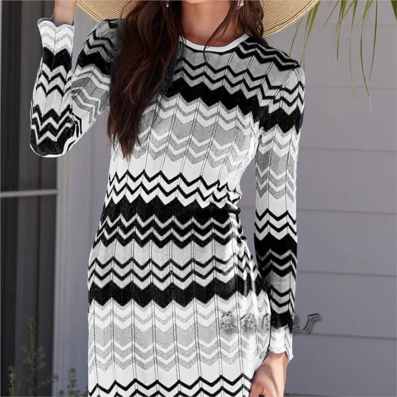 

Roupa Feminina модный вязаный свитер средней длины с принтом, женский пуловер с круглым вырезом и длинными рукавами, зимние полосатые свитера для женщин