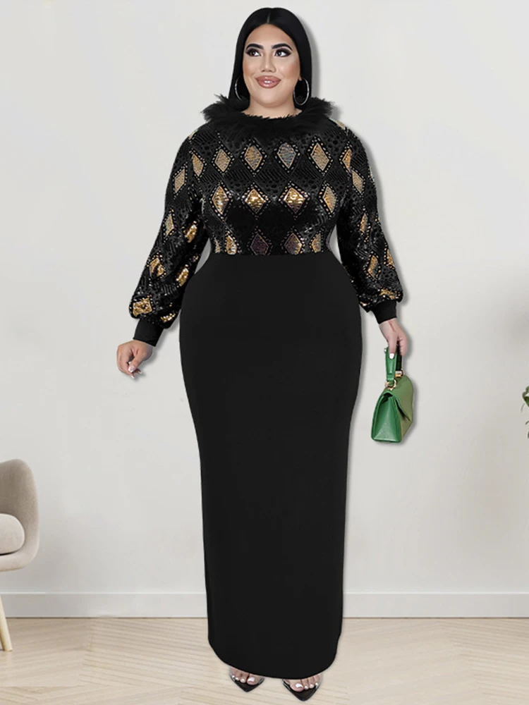 Christmas Dresses for Women Winter Luxury Dress with Fur Neck Collar Elegant Plus Size Sequin Dress Wholesale Dropshipping