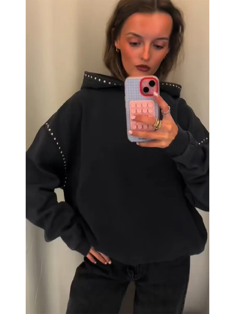 2026 frühling Herbst Frauen Jacke Langarm Niet Dekoration Hoode Jacken Für Frauen Casual Neue Schwarz Oberbekleidung