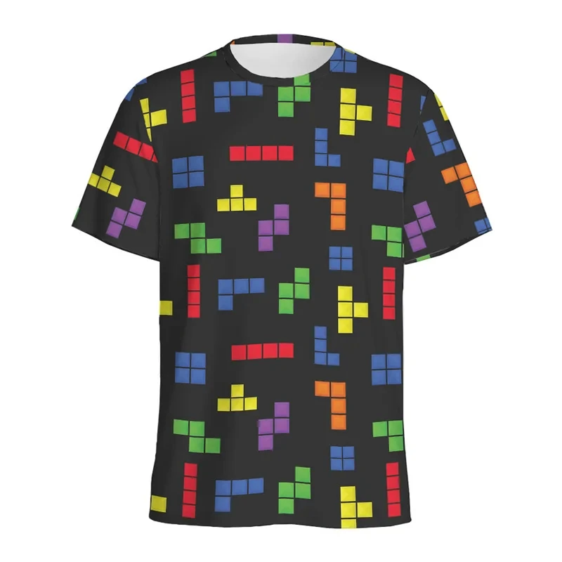 Retro Building Block 3D Printed For Men's T Shirt  Jigsaw Puzzle Video Games Pattern T-Shirt Loose Street Short Sleeves Y2k Tees