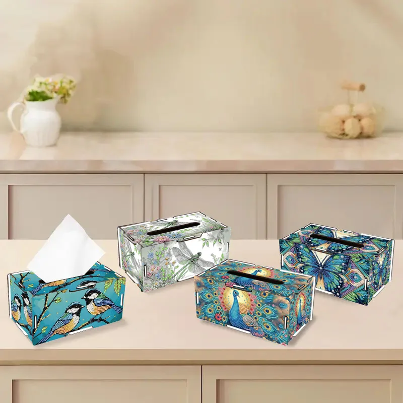 1 caja de pañuelos de pintura de diamante de madera hecha a mano DIY, conjunto de artesanía combinada, decoración del hogar y la Oficina con patrón de animales