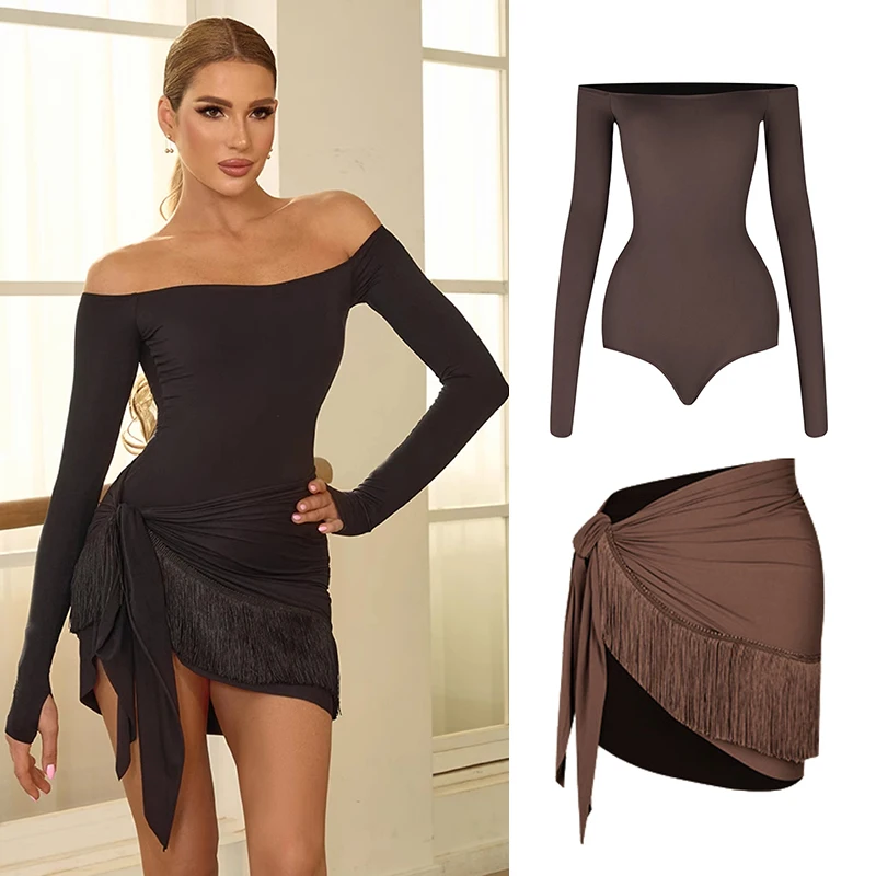 Off Shoulder Latin Dance Tops Fringe Skirt Women ZYM Latin Dance Clothes Competition Dress Club Rumba Samba Practice Wear V22221