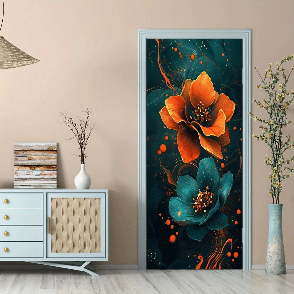 2pcs modern art floral wall stickers adopt orange and blue-green gradient design, with waterproof self-adhesive properties, suit