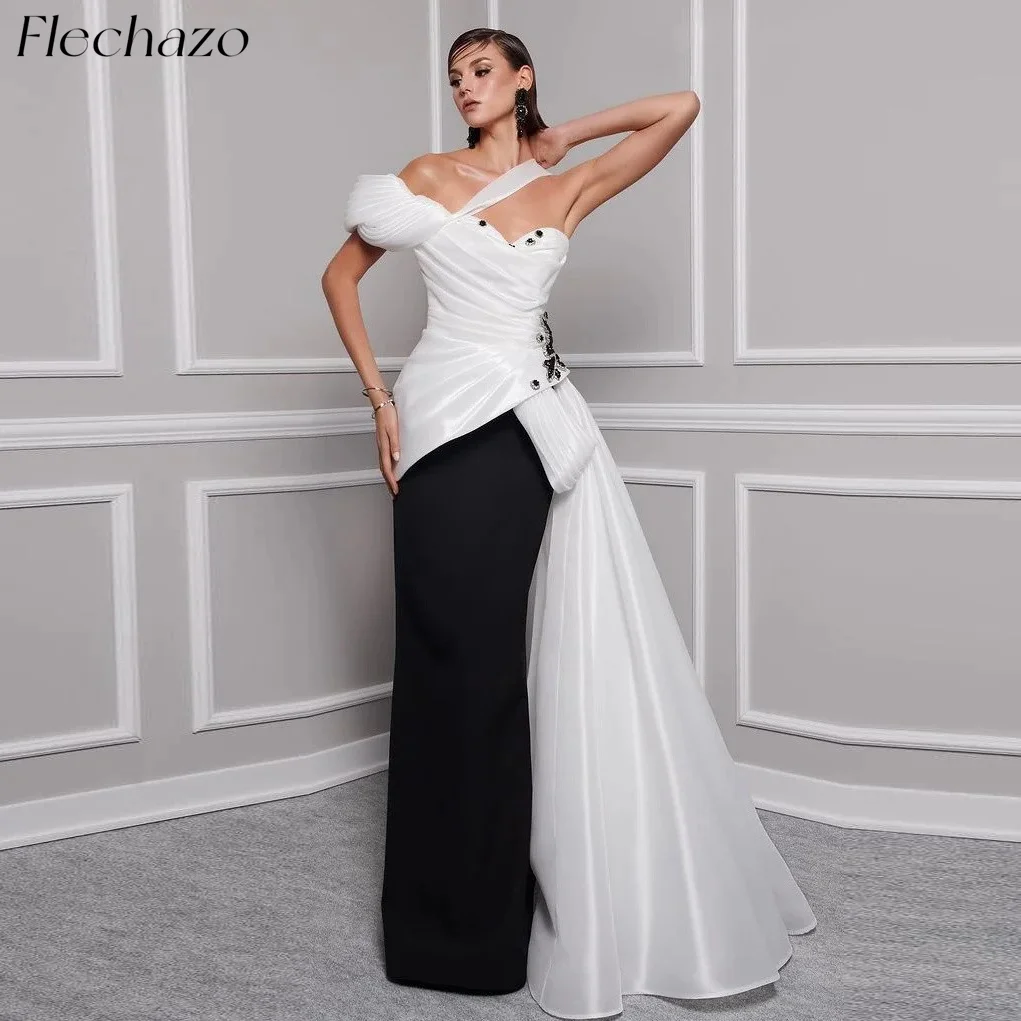 

Flechazo Black-and-White Prom Dresses One Shoulder Beading Floor-Length Formal Occasion Dress For Women 2024 robes de soirée