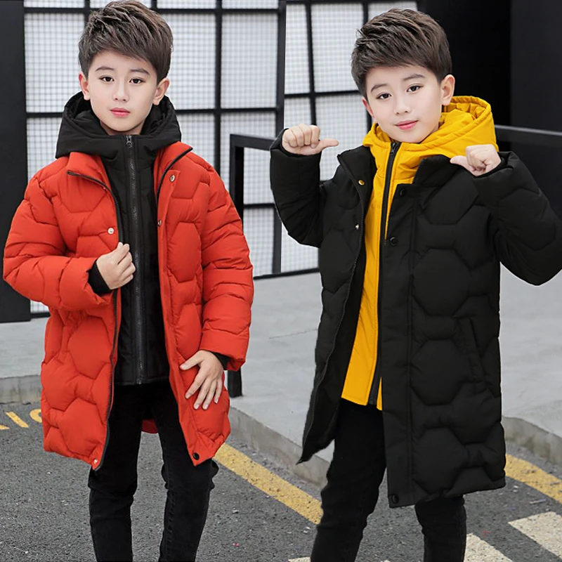 

4 6 8 10 12 14 Years Big Boys Jacket Autumn Winter Thicken Warm Teenager Kids Jackets Fashion Long Style Zipper Hooded Boys Coat