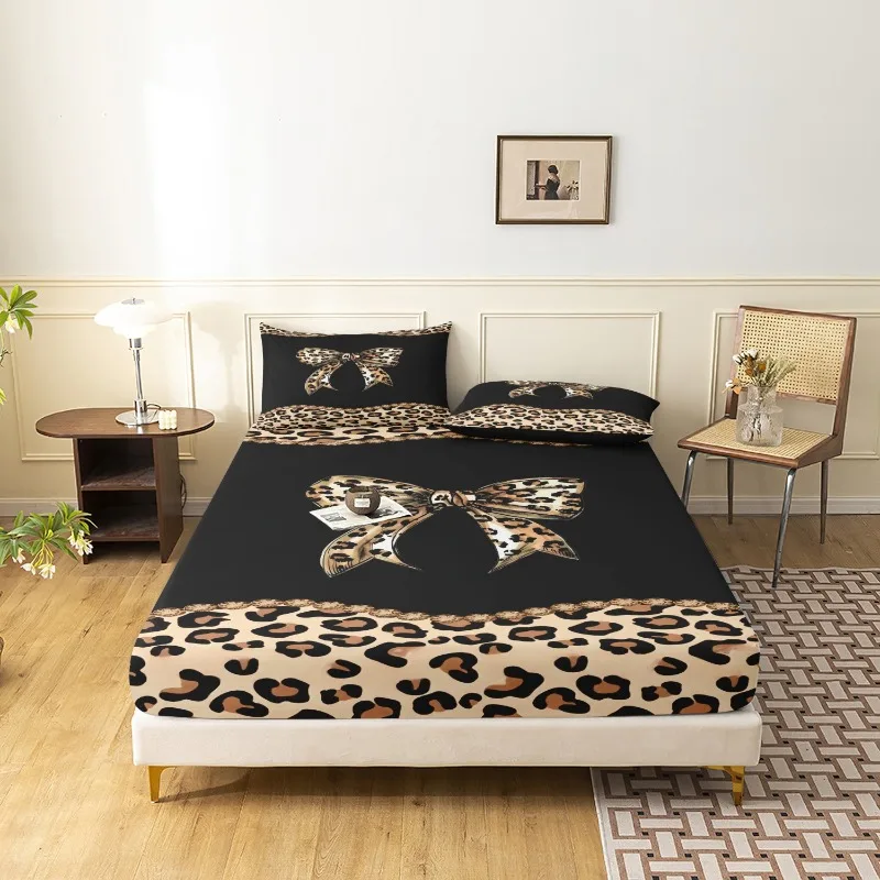 Light Luxury Sexy Mattress Cover Three-piece Set Leopard Print Bow Non-slip Fitted Sheet Digital Printing Household Bedding Set