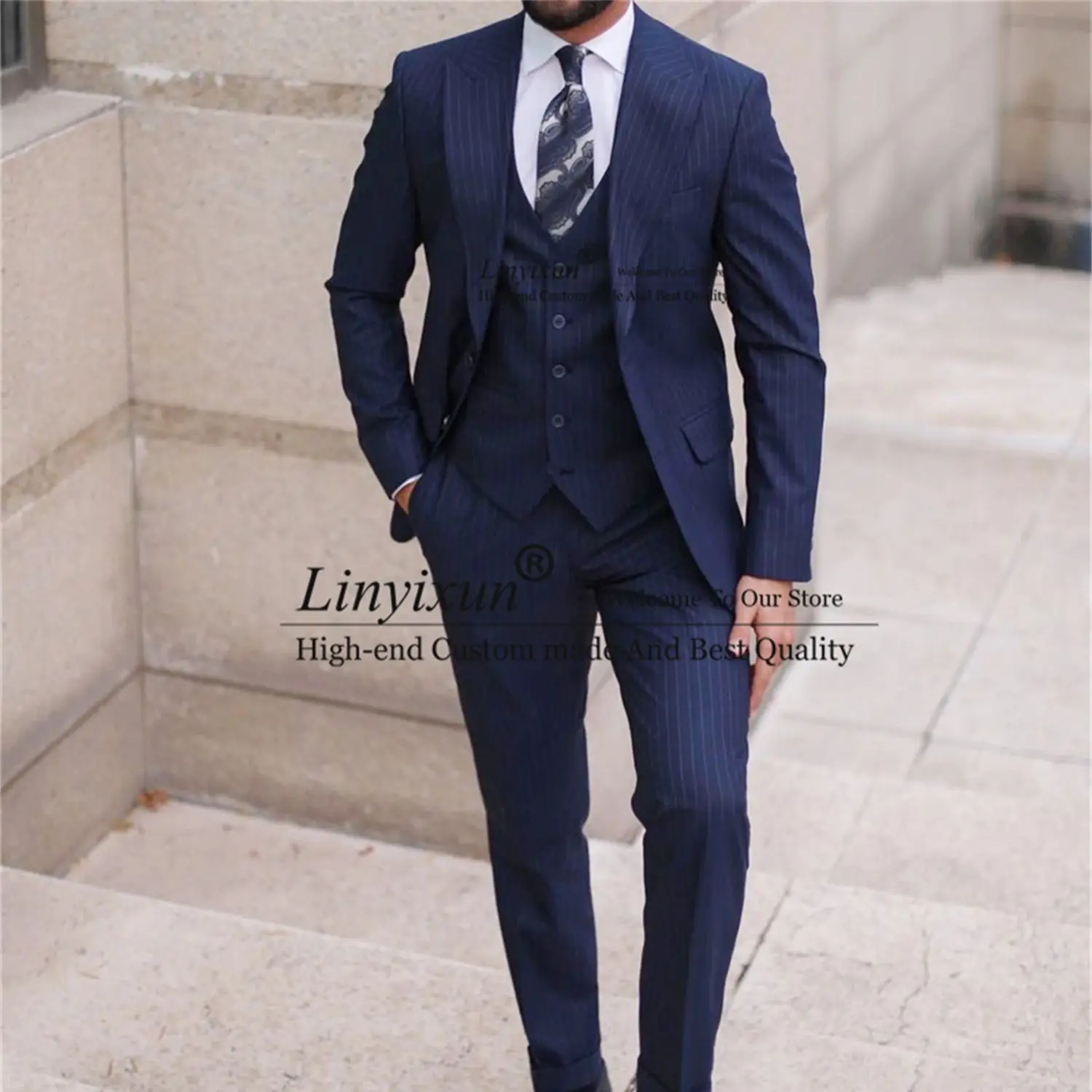 

Navy Blue PrinStriped Mens Suits Formal Business Ropa Hombre Male Working Blazer Vest Pant 3 Pieces Set Wedding Groom Tuexdos