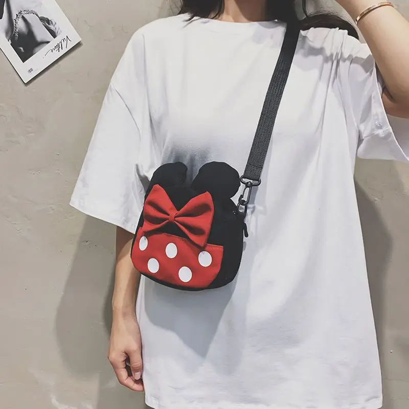 MINISO Disney 2023 New Cute Canvas Cartoon Mickey Minnie Small Bag Shoulder Messenger Bag Girls Coin Purse Hand Bags for Women