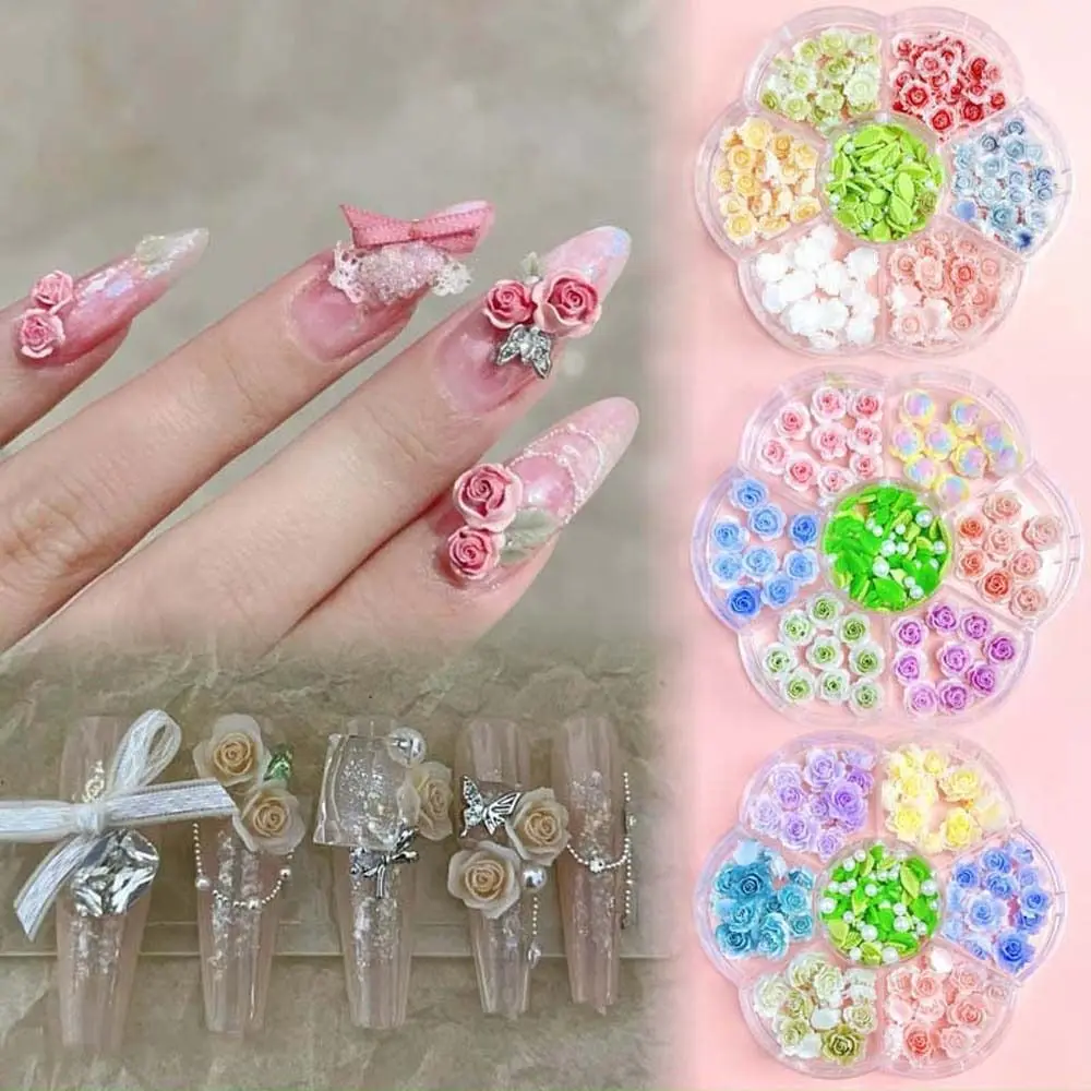 Pink Rose Flower Rose Nail Decorations Camellia Leaves DIY Nail Charms Rose Nail Accessories Mixed Pearl Beads Green