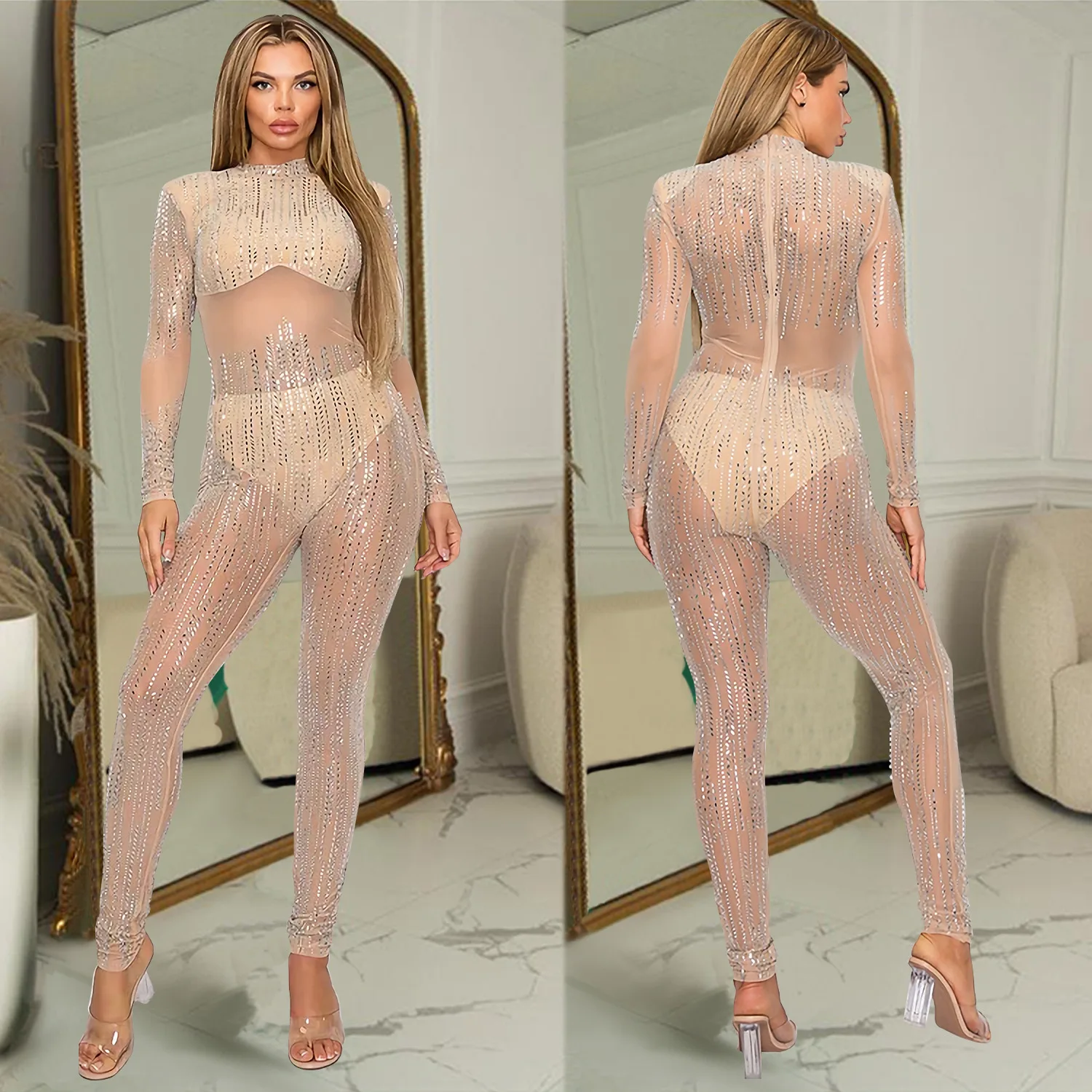 Hot Stamping Fashion Sexy See Through Jumpsuit Pants Two-piece Set