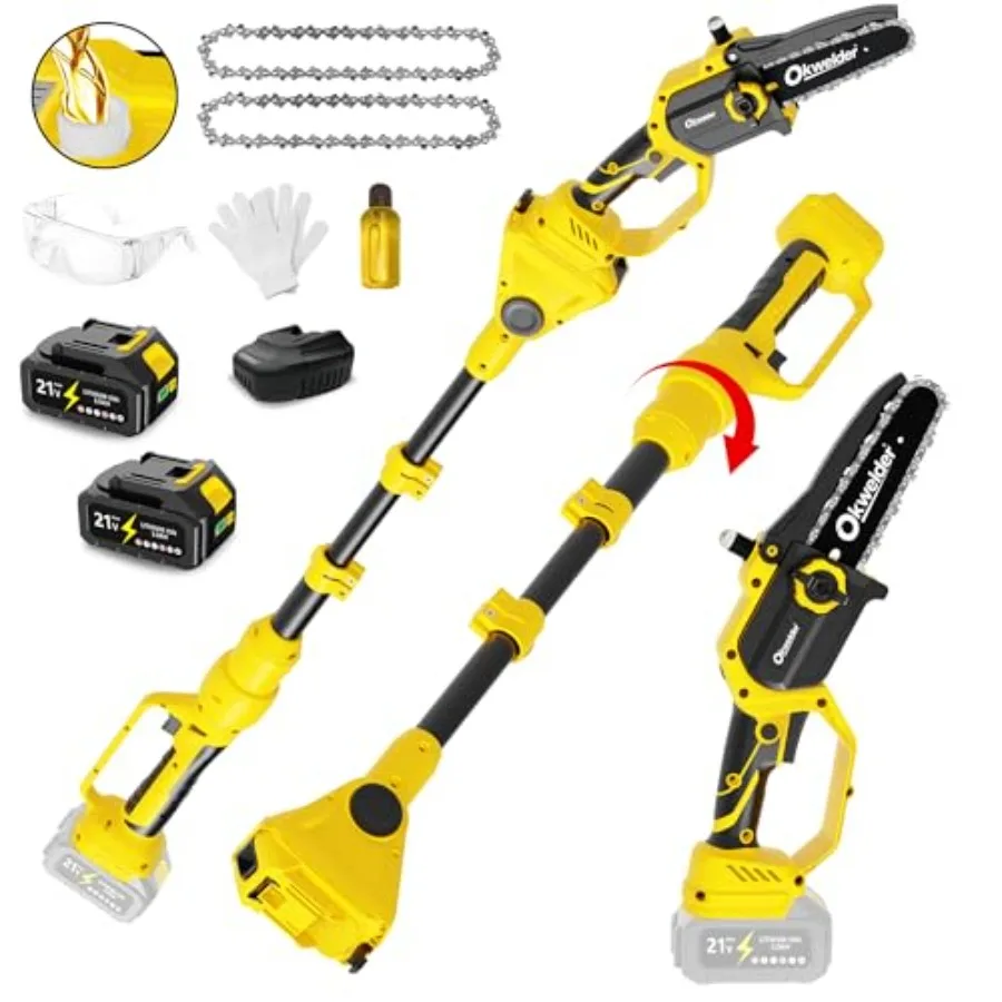 

Tree trimming pole saw, aluminum alloy, black, cordless 6-inch 2-in-1 electric with dual 3.0Ah batteries for efficient wood cut