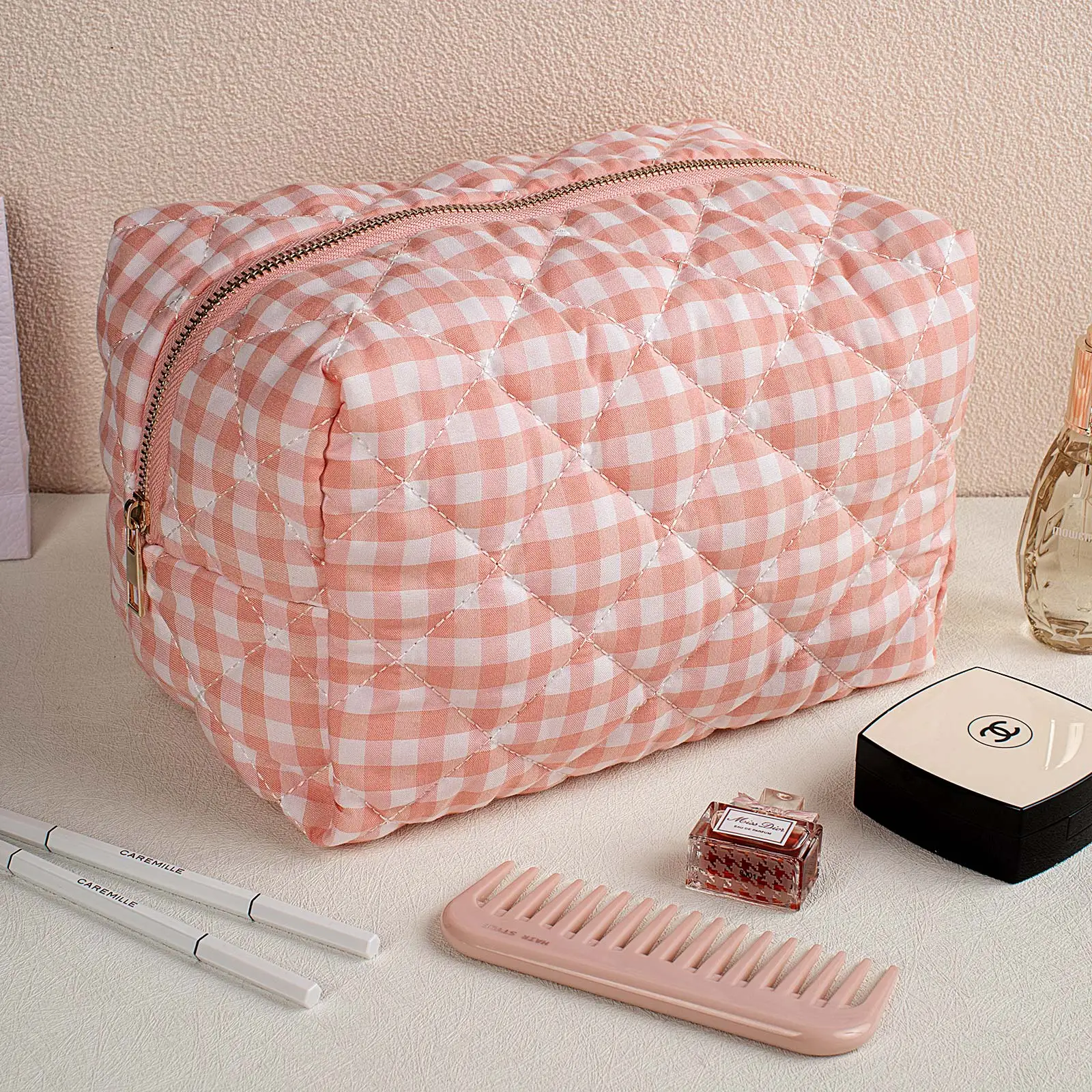 MIROSIE-Pretty Pink Gingham Print Makeup Bag with Zipper, Portable Travel Skincare Storage Pouch, Makeup Organizer, Big Size