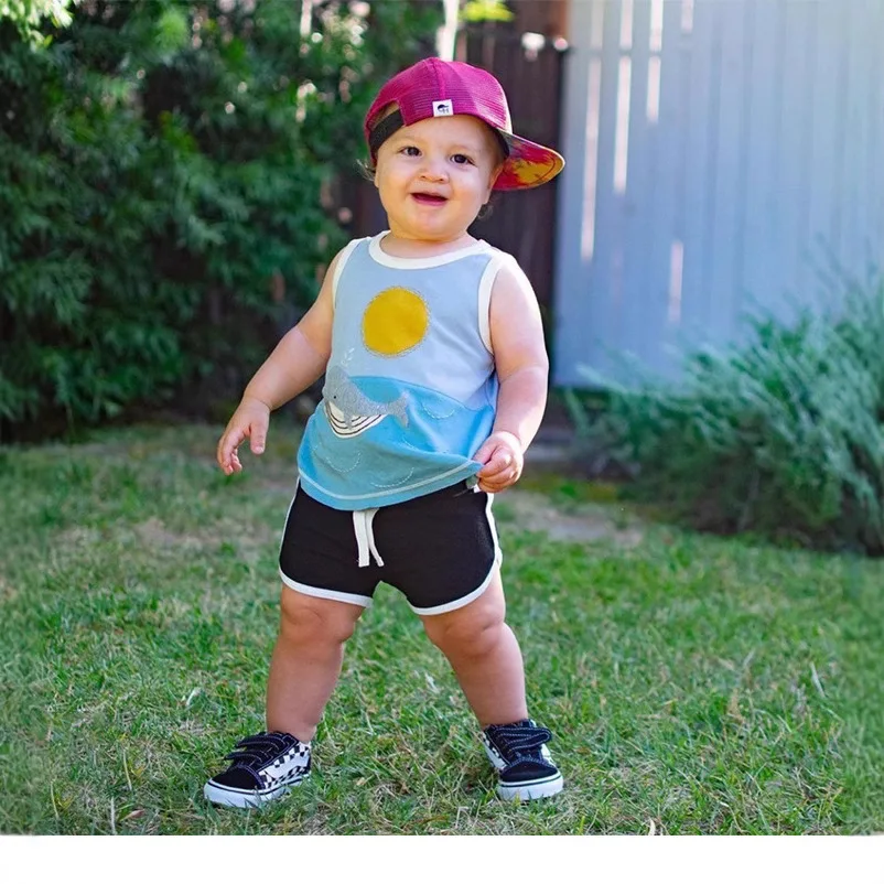 

RomperDew Children's Sleeveless Set Cotton Baby Boys and Girls T-shirt Baby Vest Shorts Two-piece Set
