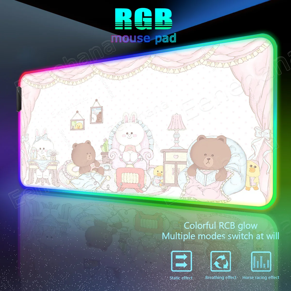 

Коврик для мыши RGB Rococo Loli Pink с подсветкой LED, с изображением медведя и кролика, для офиса и дома, милый, XXL, для геймеров, светящийся, для девочек, настольный коврик