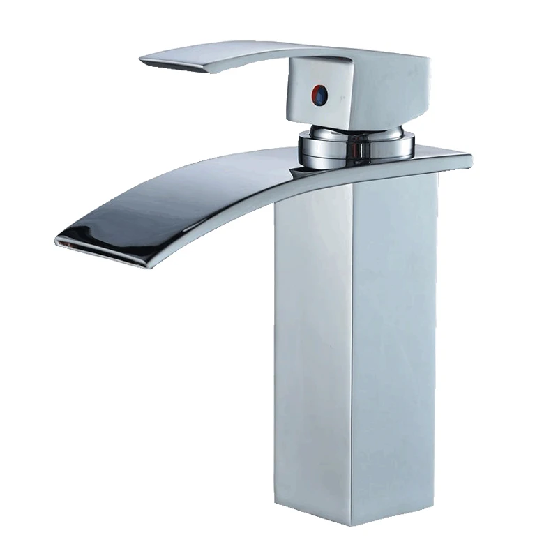 

Brass Bathroom Basin Tap Square Waterfall Single Hole Cold and Hot Water Chrome Finish Washbasin Faucets AT3306