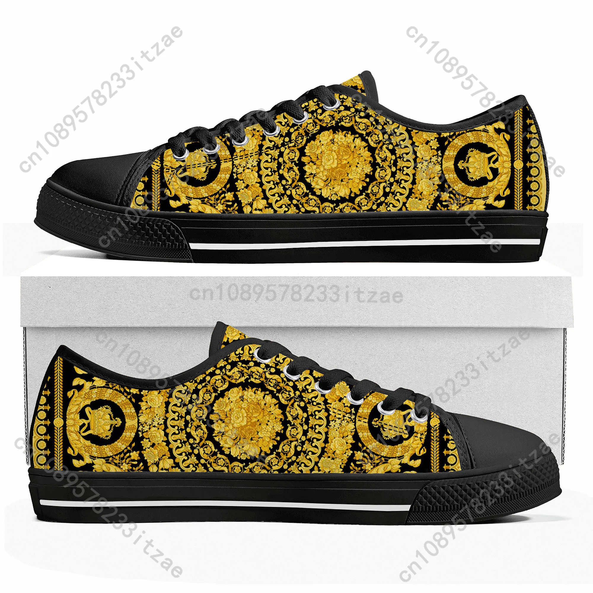 Luxury Golden Floral Prints Low Top Sneakers Mens Womens Teenager High Quality Canvas Sneaker couple Casual Shoes Custom Shoe