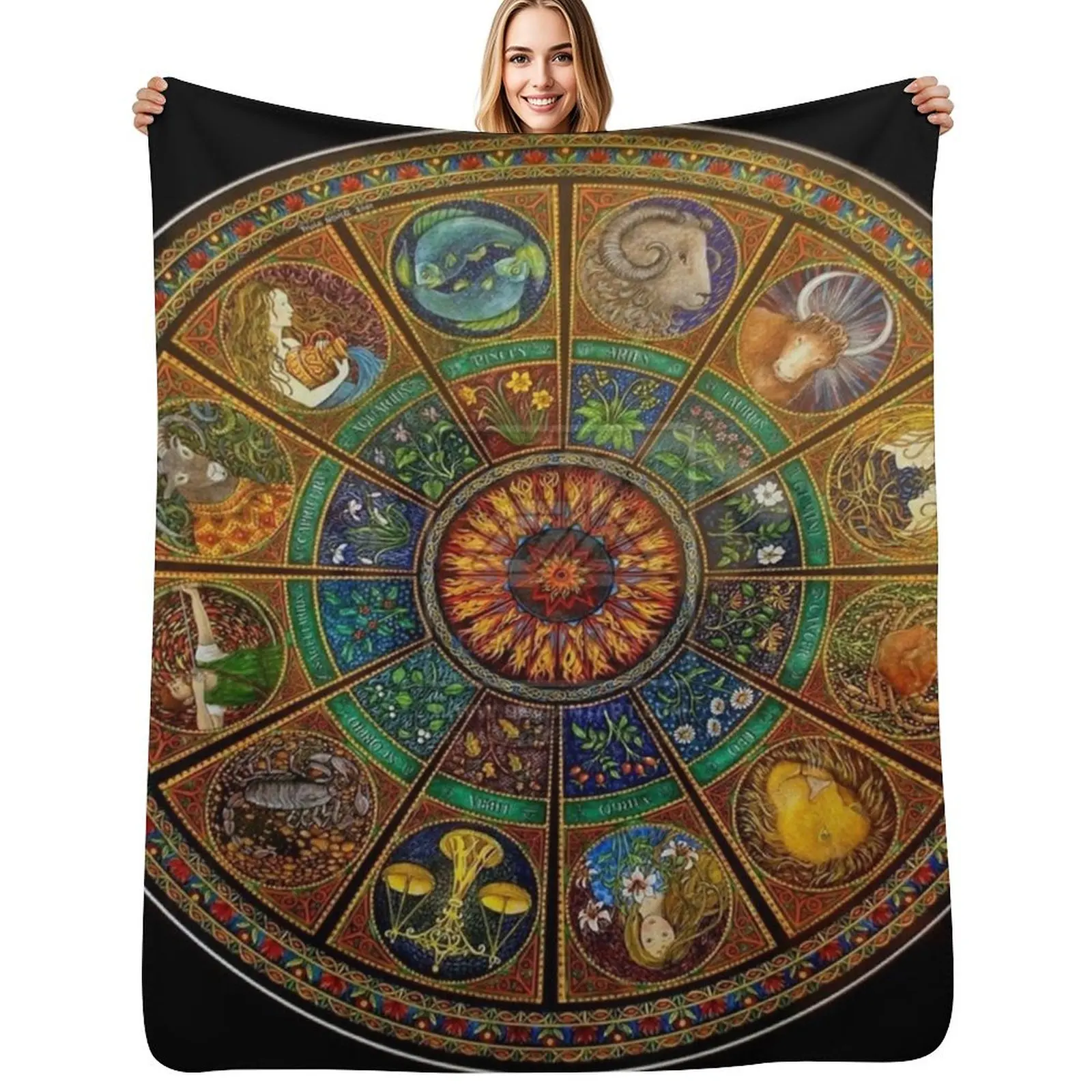 

Wheel of the Zodiac, Astrology Chart & the Major Arcana Tarot Throw Blanket Bed linens warm winter Thermal Blankets